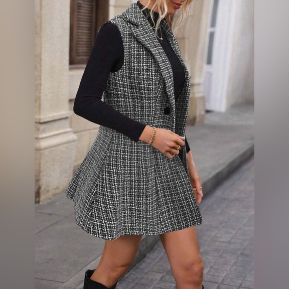 NewWomen's Black & White Plaid Collar Double-Breasted Jacket & Skirt Set Size XL - Picture 3 of 16